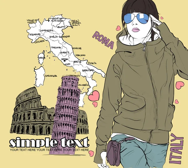 Bastante chica de moda en un fondo italiano — Vector de stock