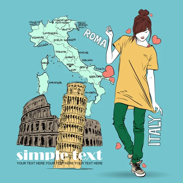 Schönes Mädchen im Sketch-Stil auf italienischem Hintergrund — Stockvektor