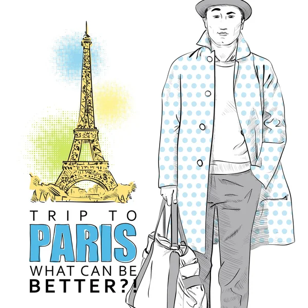 Young stylish guy on a eiffel tower backgroun — Stock Vector