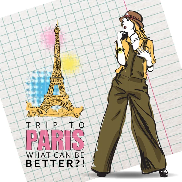 Junge stilvolle Mädchen auf einem Eiffelturm Hintergrund — Stockvektor