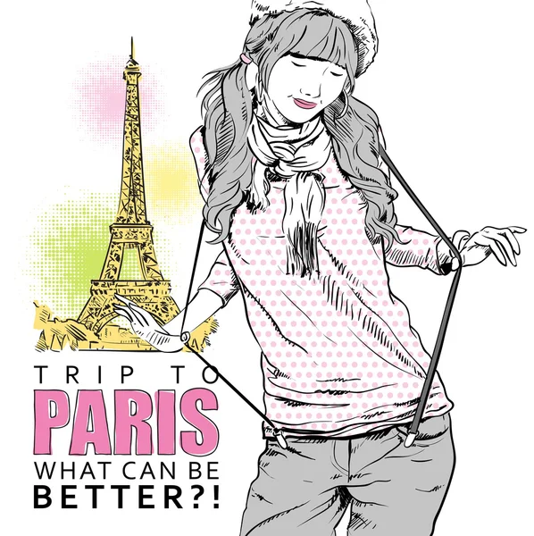 Young stylish girl on a eiffel tower background — Stock Vector