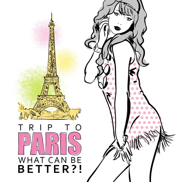 Junge stilvolle Mädchen auf einem Eiffelturm Hintergrund — Stockvektor