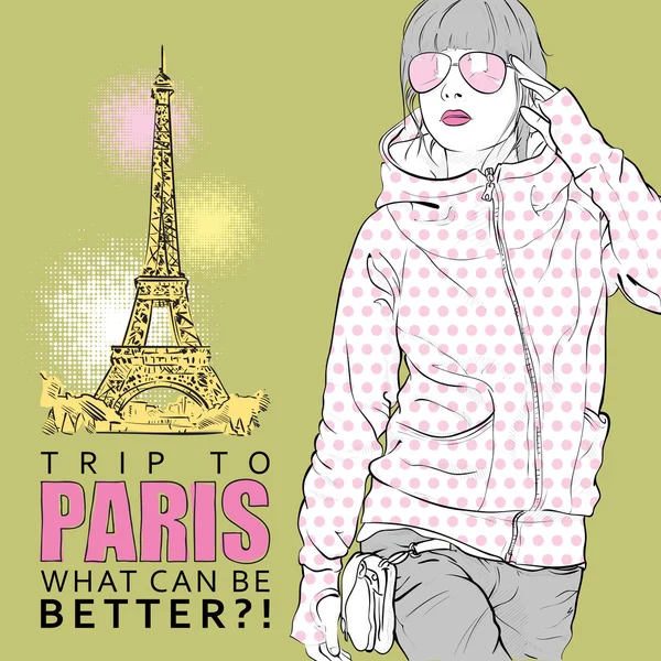 Joven chica otoñal sobre un fondo de torre eiffel — Vector de stock