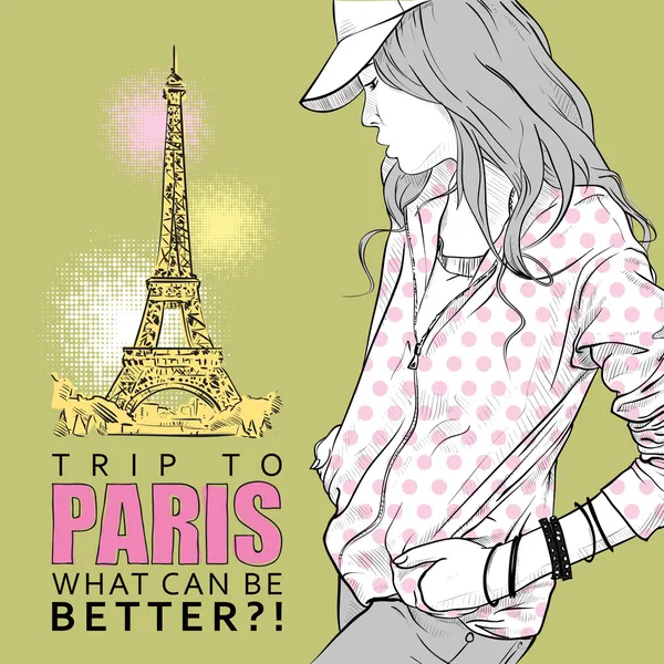 Eyfel Kulesi arka plan üzerinde şık genç kız