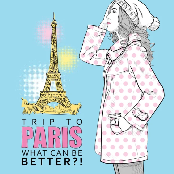 Eyfel Kulesi arka plan üzerinde genç sonbahar kız