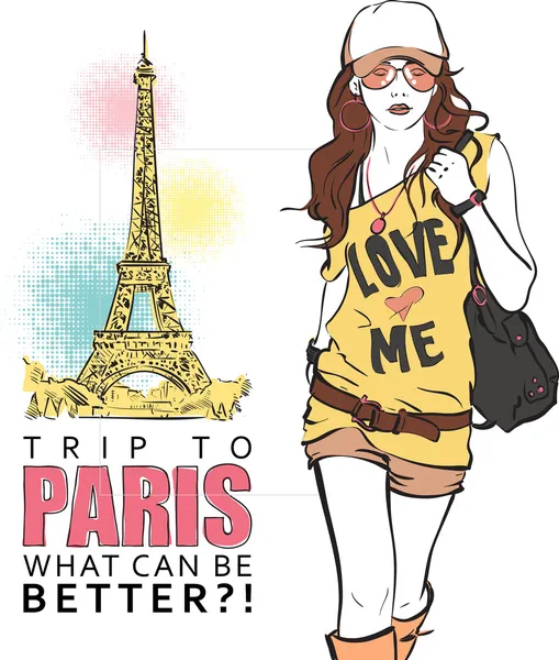 Young stylish girl on a eiffel tower background. — Stock Vector