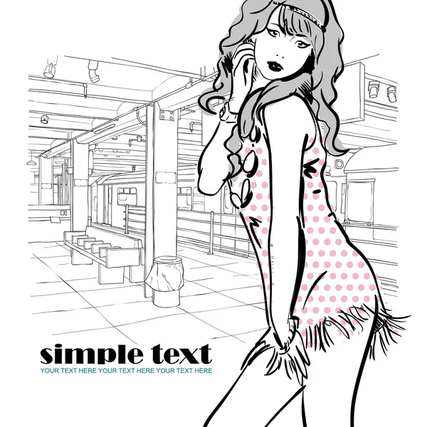 Fashion girl at subway station — Stock Vector