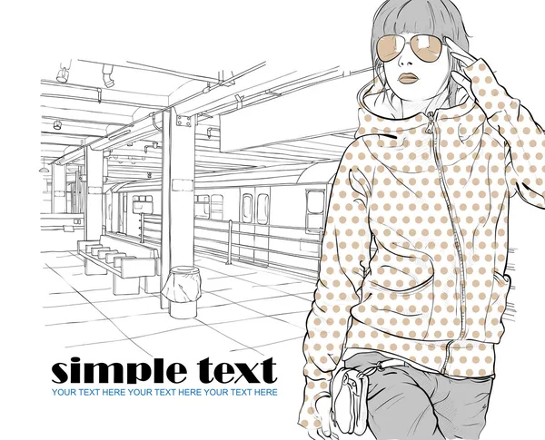 时尚女孩在地铁站 — 图库矢量图片