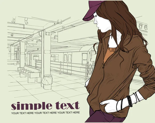 Fashion girl à la station de métro — Image vectorielle