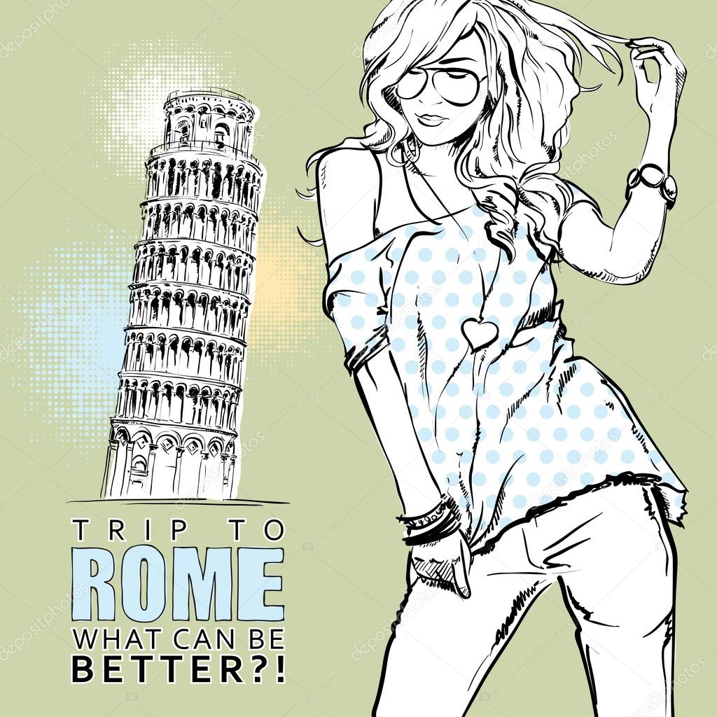 Lovely girl in sketch-style on a italian background