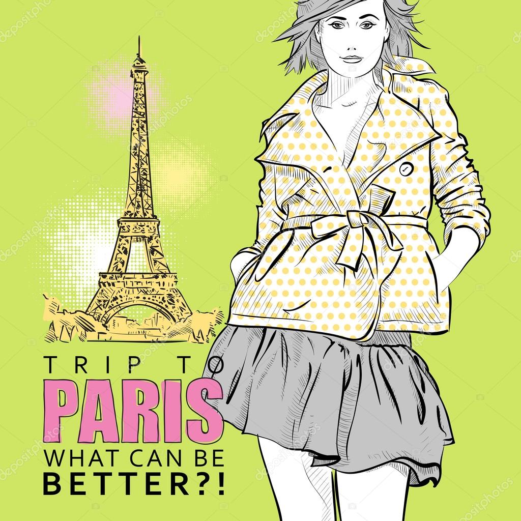 Young stylish girl on a eiffel tower background