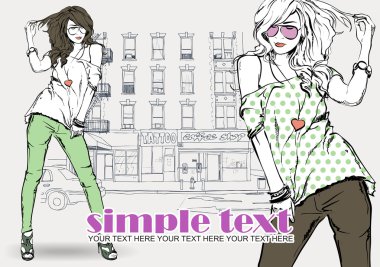 Kroki tarzı bir şehir arka planda iki seksi kızlar.