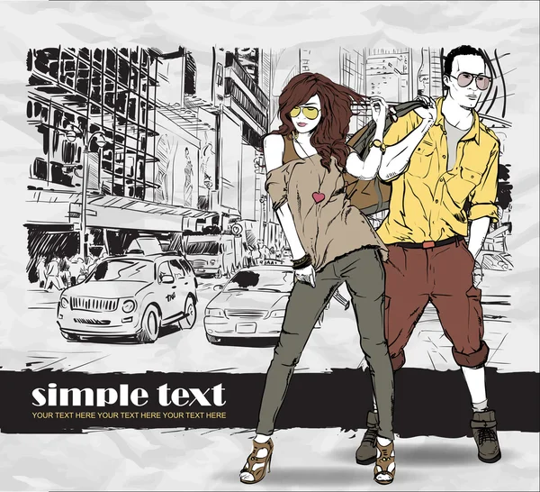 Fashion girl and stylish guy on a street-background — Stock Vector