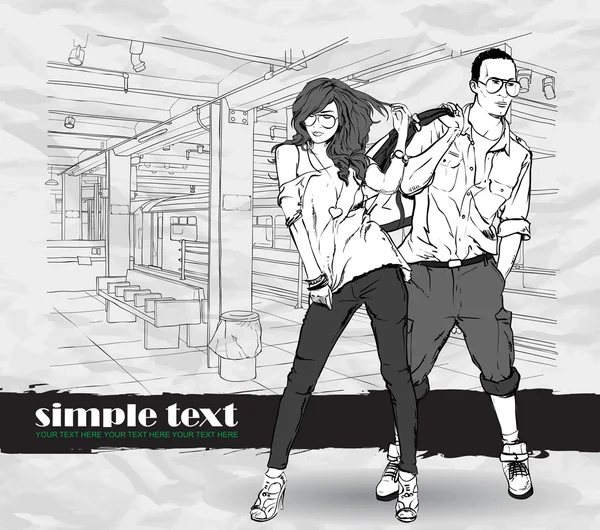 Fashion girl and stylish guy at subway station — Stock Vector