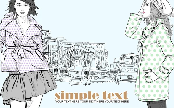 两个女孩在城市背景上的素描样式 — 图库矢量图片