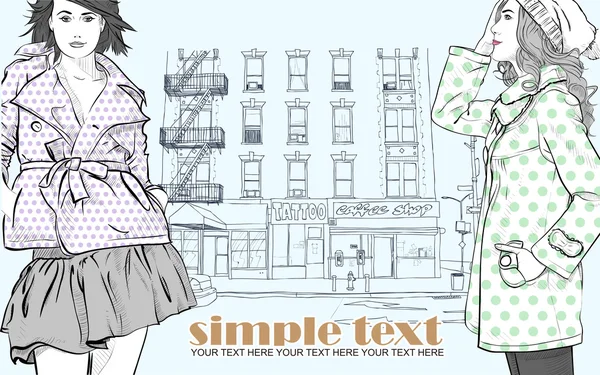Twee meisjes in schets-stijl op een stad-achtergrond — Stockvector