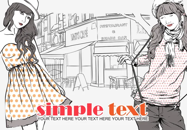 Zwei Modemädchen im Sketch-Stil auf einem Straßencafé-Hintergrund. — Stockvektor