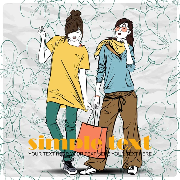 Two fashion girl in sketch-style on a floral background — Stock Vector