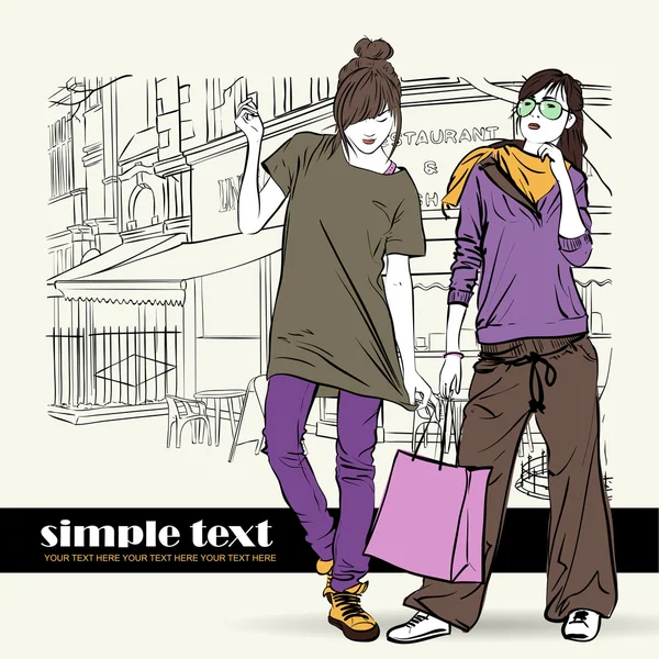 Twee mode meisjes in schets stijl op een straat-café-achtergrond. — Stockvector