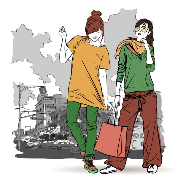 Kroki tarzı bir şehir arka planda iki kız — Stok Vektör