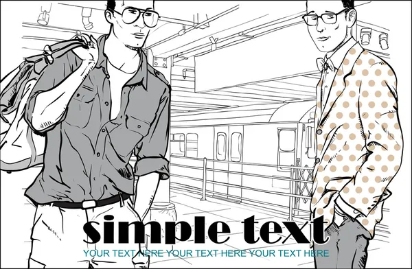 在地铁站的两个时尚男人矢量插画. — 图库矢量图片