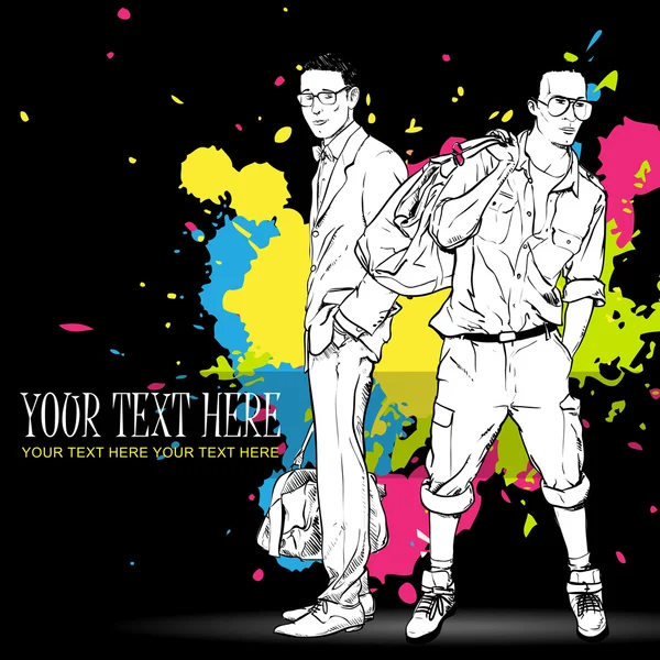 Illustration vectorielle de deux gars élégants sur un fond sale . — Image vectorielle