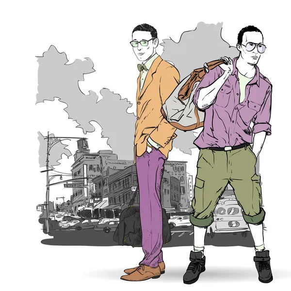 Dois meninos de moda em estilo esboço em um fundo de rua — Vetor de Stock
