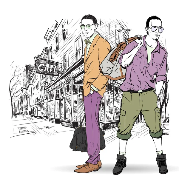 Deux gars de la mode dans le style croquis sur un fond de rue-café — Image vectorielle