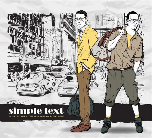 Two fashion boys in sketch-style on a street background — Stock Vector