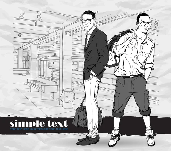 Illustrazione vettoriale di due ragazzi alla moda alla stazione della metropolitana . — Vettoriale Stock