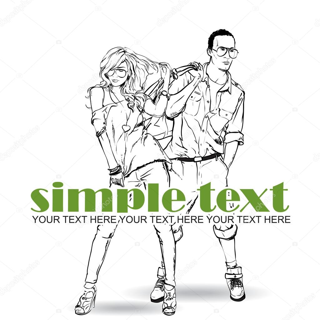 Vector illustration of fashion girl and stylish guy in sketch style .