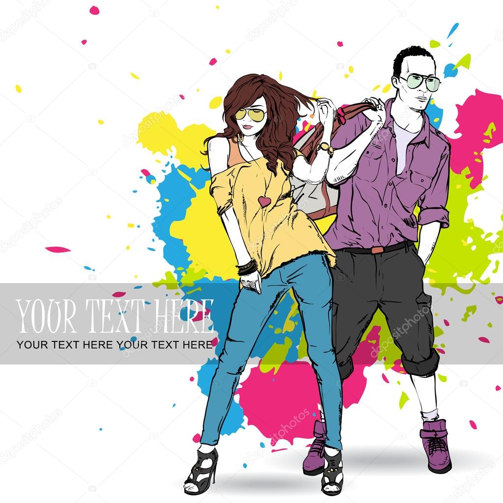 Fashion girl and stylish guy in sketch style
