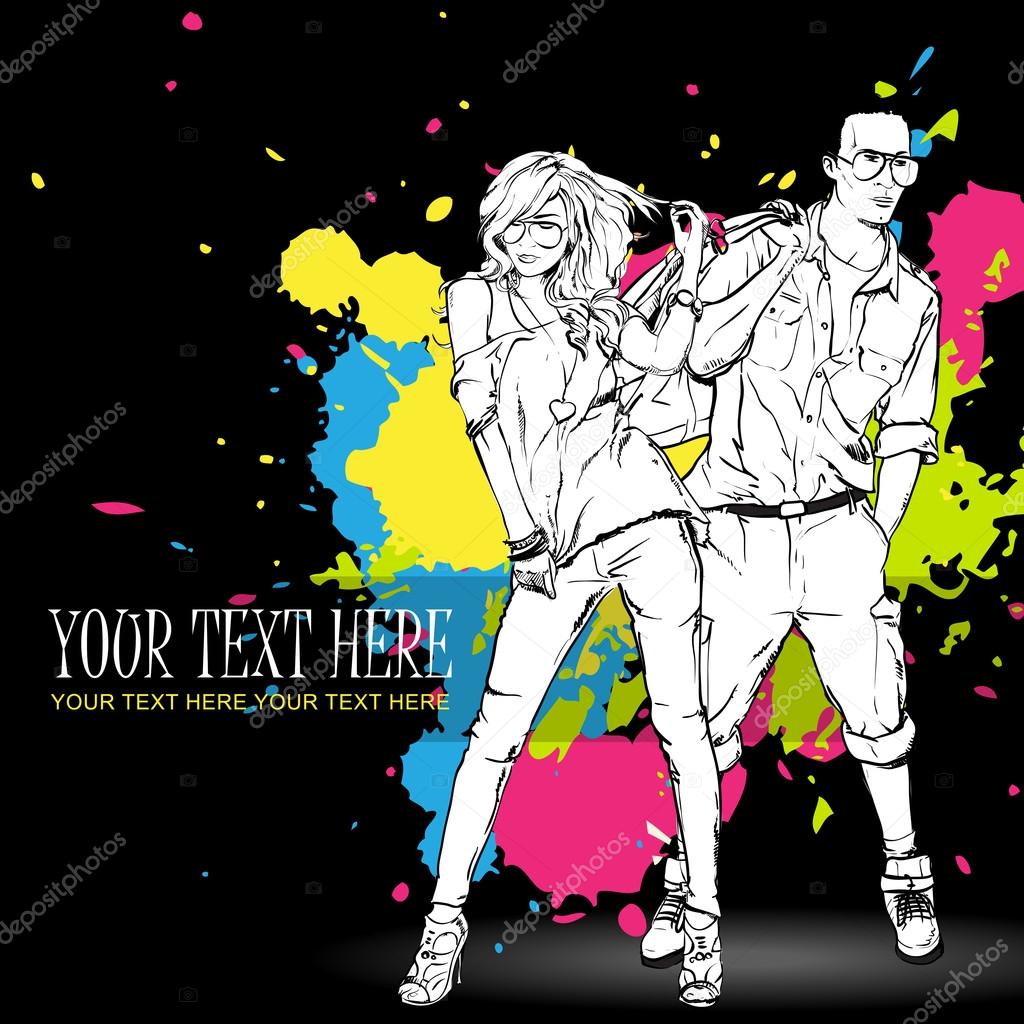 Fashion girl and stylish guy in sketch style