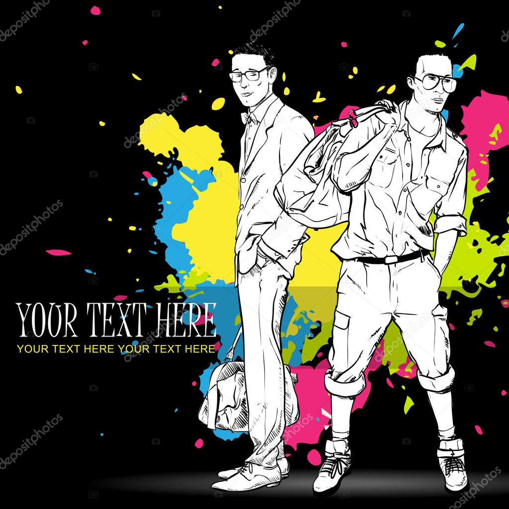 Vector illustration of two stylish guys on a dirty background.