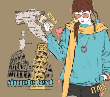 kahve kroki tarzı İtalyan bir arka plan ile kız moda.