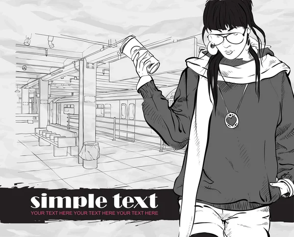 Mode flicka med kaffekopp i skiss stil på en tunnelbanestation — Stock vektor