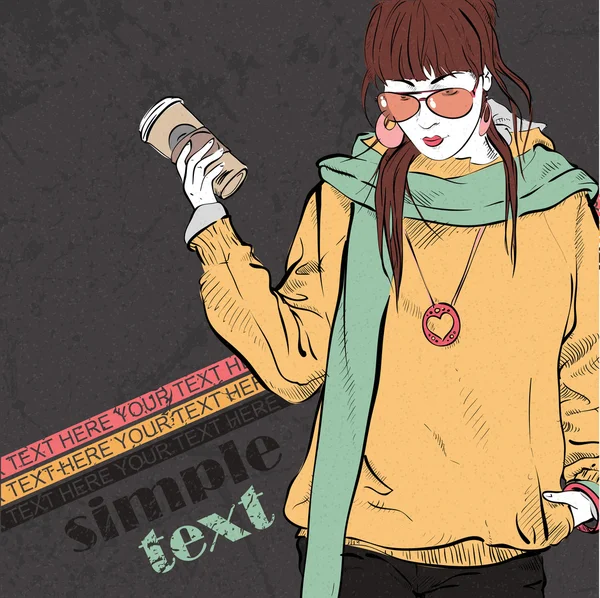 Chica de moda con taza de café en estilo de boceto sobre un fondo grunge . — Vector de stock