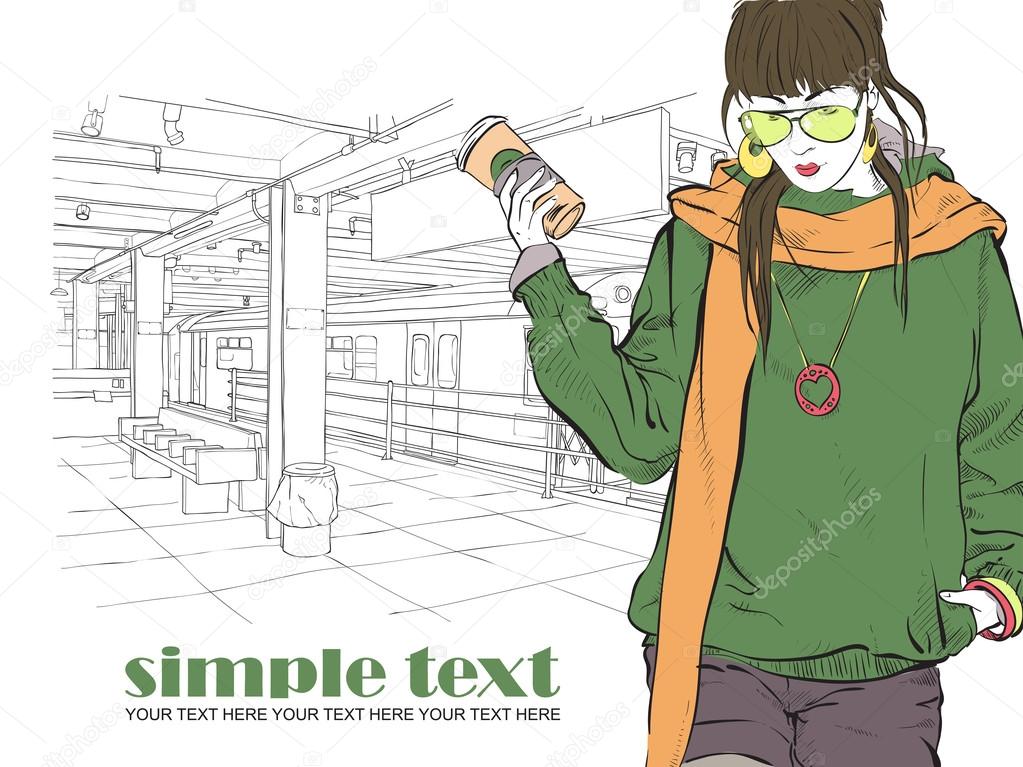 Fashion girl with coffee-cup in sketch style on a subway station
