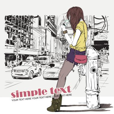 Kroki tarzı bir kentsel zemin içinde şirin kız