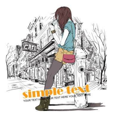 seksi kız ve yangın musluğu kroki tarzı bir cadde kafe arka planda.