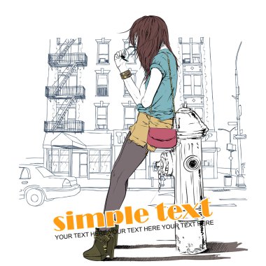 Kroki tarzı bir kentsel zemin içinde şirin kız