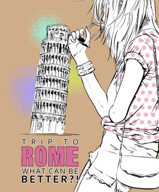 İtalyan bir arka planda skeç tarzında tatlı kız.