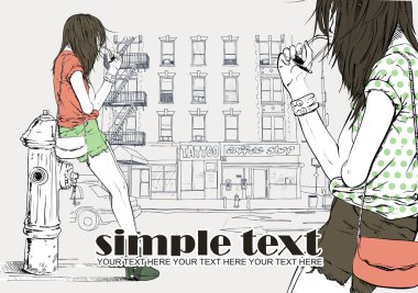 seksi kız ve yangın musluğu kroki tarzı bir şehir arka planda