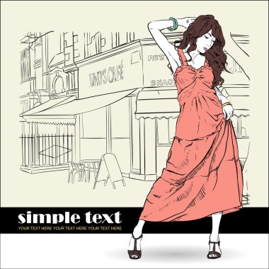 Kroki tarzı bir cadde kafe arka planda yaz kız