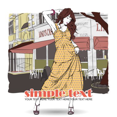 Kroki tarzı bir cadde kafe arka planda yaz kız