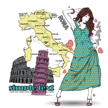 sevimli kız kroki tarzı bir İtalyan arka planda