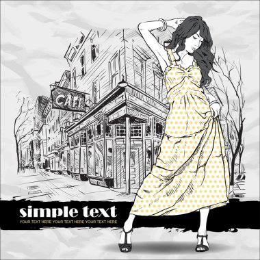 Kroki tarzı bir cadde kafe arka planda yaz kız