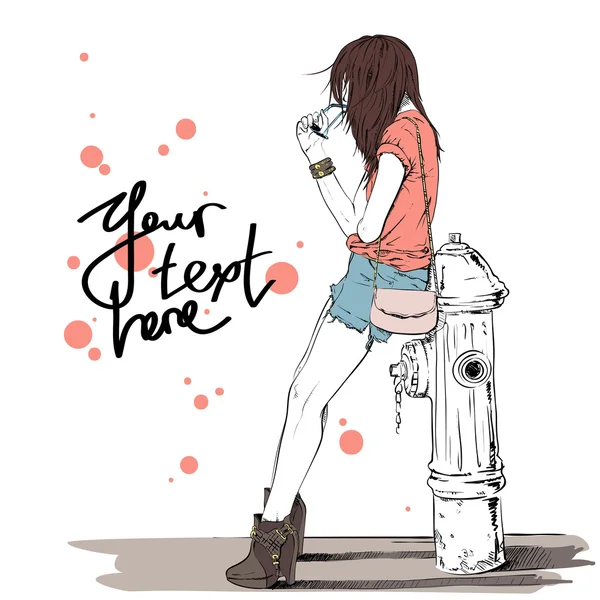 Sexy letní dívka a požární hydrant v náčrtu styl — Stockový vektor