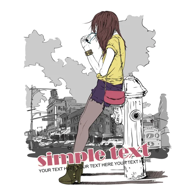 Kroki tarzı bir kentsel zemin içinde şirin kız