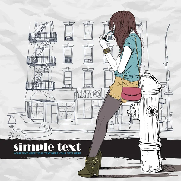 Roztomilá dívka v náčrtu stylu na městské pozadí — Stockový vektor